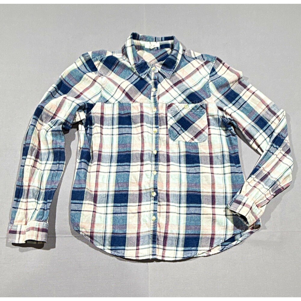 maurices Womens L Blue/White/Pink Plaid Cotton Woven Button Front Pocket Shirt